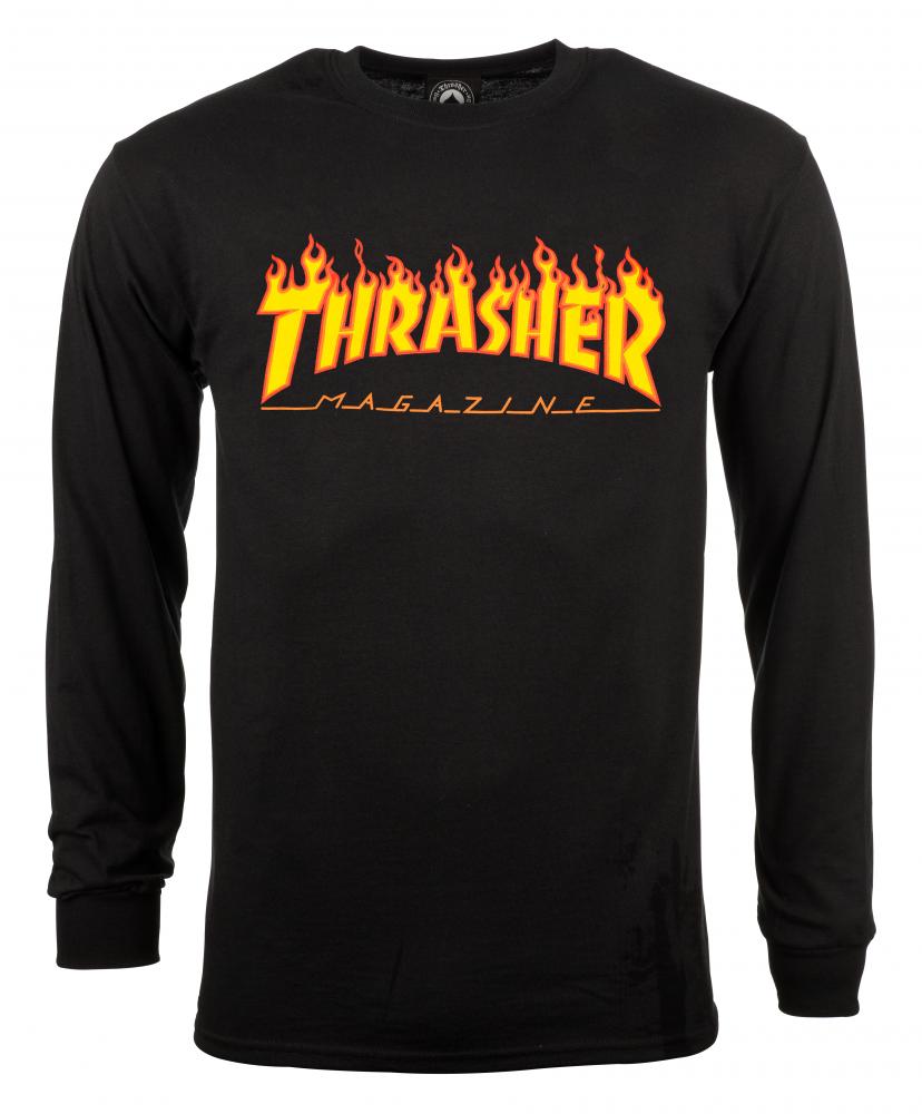 THRASHER SKATE MAG FLAME LOGO LONG SLEEVE T-SHIRT - BLACK