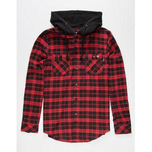 KEY STREET ASPEN HOODED PLAID SHIRT - RED/BLACK